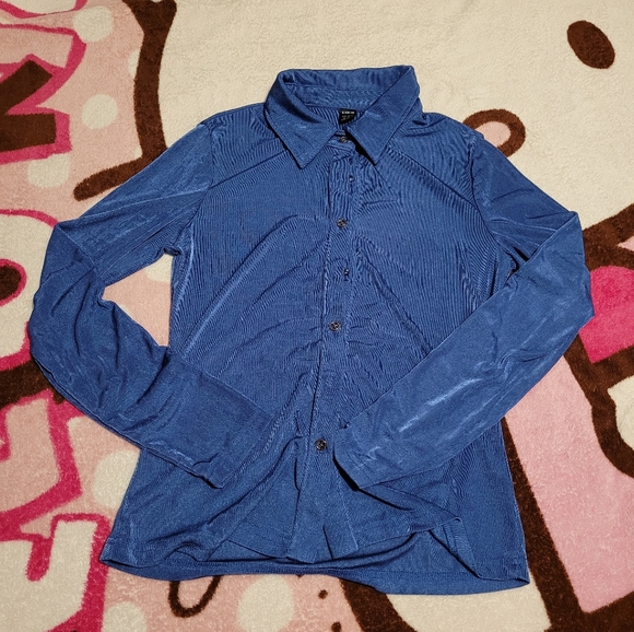 SHEIN Tops - NWOT Shein Blue Mesh Collared Button-Down Long Sleeve Women's Size M Medium